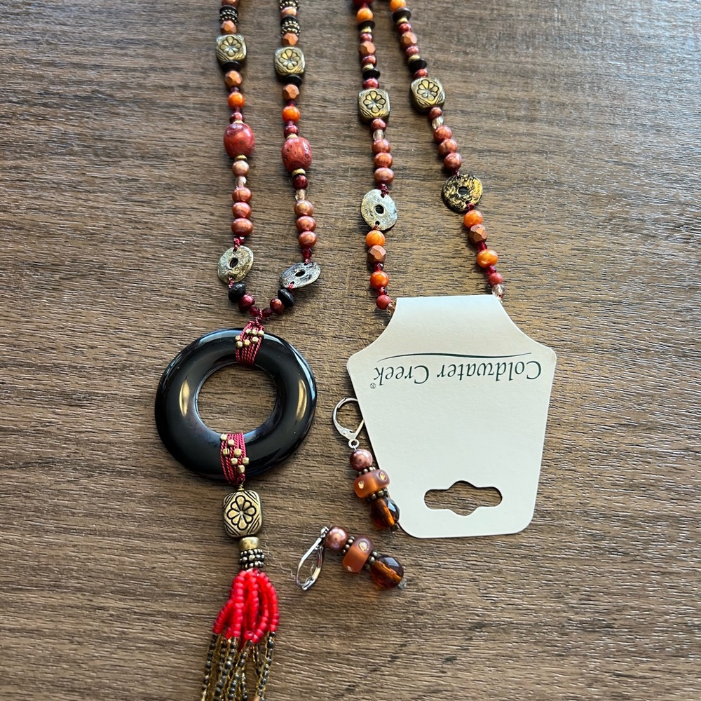 Coldwater Creek Red & Black & Bronze Beaded Statement Necklace with Earrings